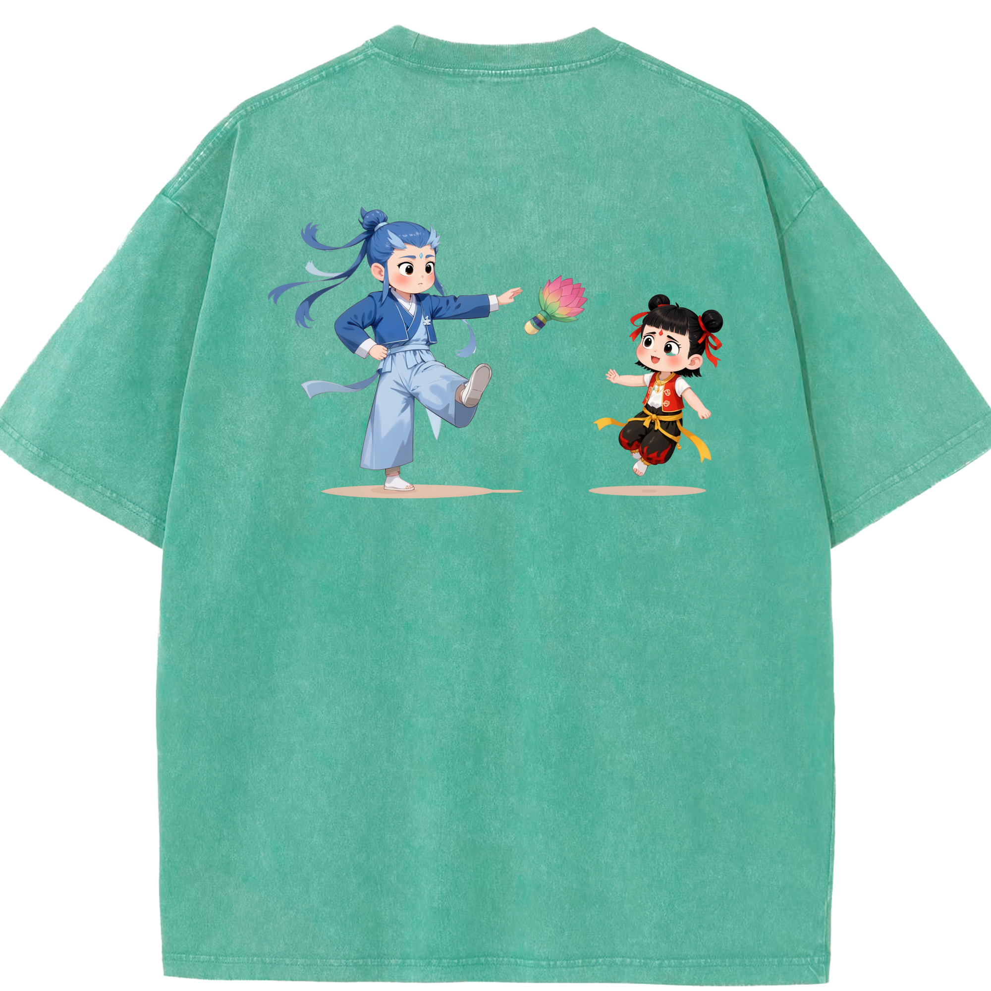 （画像用） Ne Zha 2 ナタ 魔童の大暴れ 綿100% ヴィンテージ風 半袖Tシャツ（背面プリント）